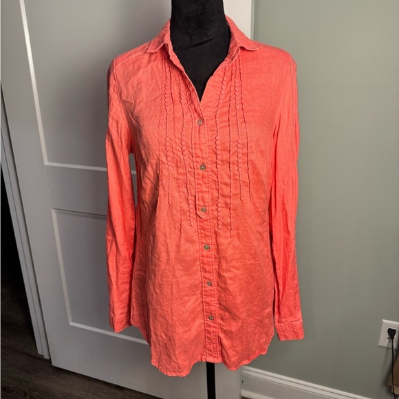 Malvin Germany I love linen coral pin tuck long sleeve blouse collared button - Picture 1 of 8